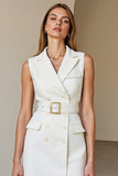 White V-Neck Sheath Work Dress with Belt