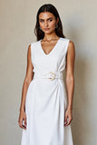 V-Neck Work White A Line Dress with Belt