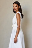 V-Neck Work White A Line Dress with Belt