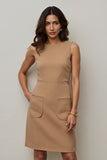Camel Midi Round Neck Sheath Work Dress