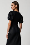 Black Puff Sleeve Sheath Midi Work Dress