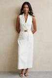 White Sheath V-Neck Long Work Dress with Belt