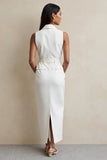 White Sheath V-Neck Long Work Dress with Belt