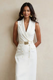 White Sheath V-Neck Long Work Dress with Belt