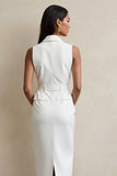 White Sheath V-Neck Long Work Dress with Belt
