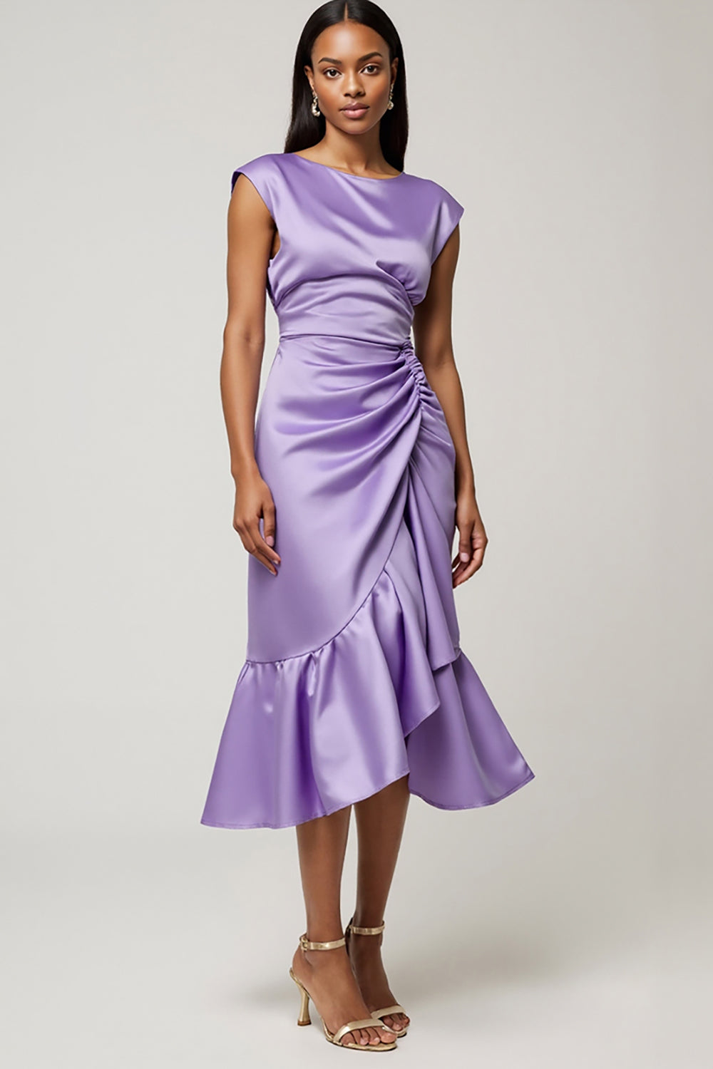 Berylove Women Ruffled Midi Dress Purple Satin Round Neck A Line Cap Sleeve Wedding Guest Dress, Purple / US2 Berylove Women Ruffled Midi Dress Purple Satin Round Neck A Line Cap Sleeve Wedding Guest Dress, Purple / US2