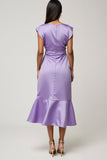 Purple Satin Midi Dress with Ruffles