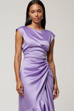 Purple Satin Midi Dress with Ruffles