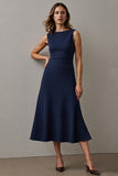 Navy Midi A Line Round Neck Work Dress