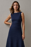 Navy Midi A Line Round Neck Work Dress