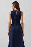 Navy Midi A Line Round Neck Work Dress