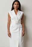 V-Neck White Sheath Midi Work Dress with Belt