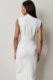 V-Neck White Sheath Midi Work Dress with Belt