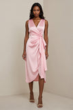 Pink V-Neck Sheath Satin Midi Dress