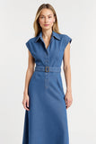 Grey Blue Lapel Neck Sheath Midi Work Dress