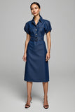 Sheath Grey Blue Work Dress with Short Sleeves