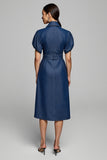Sheath Grey Blue Work Dress with Short Sleeves