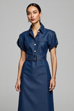 Sheath Grey Blue Work Dress with Short Sleeves