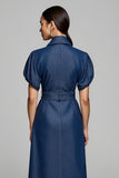 Sheath Grey Blue Work Dress with Short Sleeves