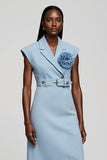 Light Blue A Line Midi Work Dress with 3D Flower