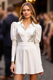 Sequin A Line White Long Sleeve Work Dress