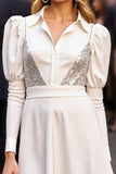 Sequin A Line White Long Sleeve Work Dress