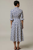 White Printed A Line Lapel Neck Midi Work Dress