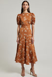 Print Orange A Line Midi Wedding Guest Dress