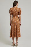 Print Orange A Line Midi Wedding Guest Dress