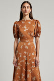 Print Orange A Line Midi Wedding Guest Dress