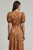 Print Orange A Line Midi Wedding Guest Dress