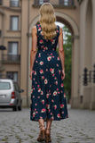 Dark Blue A Line Floral V-Neck Midi Dress