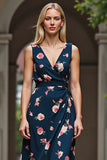 Dark Blue A Line Floral V-Neck Midi Dress