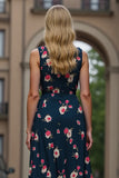 Dark Blue A Line Floral V-Neck Midi Dress