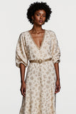 A Line Print Apricot V-Neck Midi Wedding Guest Dress with Belt