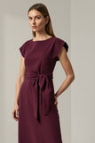 Dark Red Sheath Midi Work Dress with Sash