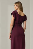 Dark Red Sheath Midi Work Dress with Sash