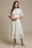 White Appliqued A Line Midi Dress with Half Sleeves