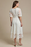 White Appliqued A Line Midi Dress with Half Sleeves