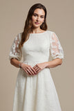 White Appliqued A Line Midi Dress with Half Sleeves