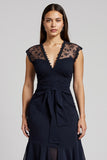 Navy A Line V-Neck Wedding Guest Dress with Ruffles