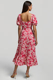 Red A Line Floral Print Midi Dress