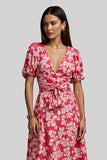 Red A Line Floral Print Midi Dress