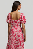 Red A Line Floral Print Midi Dress