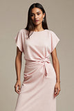 Pink Sheath Round Neck Midi Work Dress