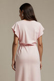 Pink Sheath Round Neck Midi Work Dress