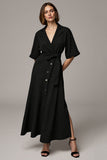 Black A Line V-Neck Work Dress with Half Sleeves