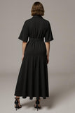 Black A Line V-Neck Work Dress with Half Sleeves