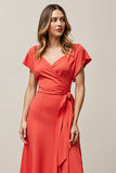 Orange A Line V-Neck Long Wedding Guest Dress with Sash