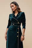 Velvet Sheath Peacock Blue V-Neck Work Dress